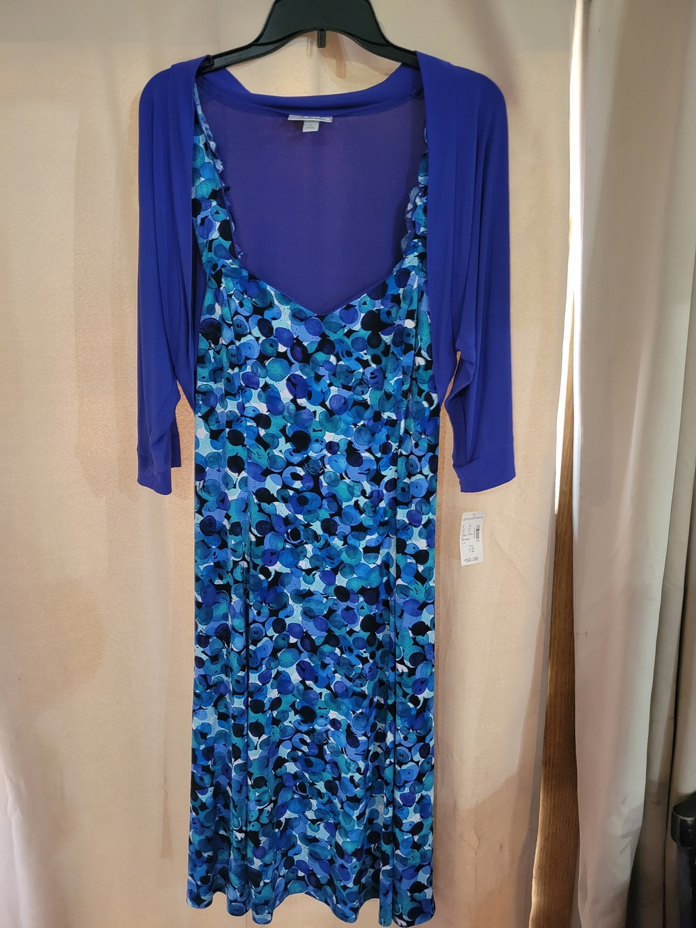 dressbarn Blue Patterned Midi Dress with Royal Blue Shrug